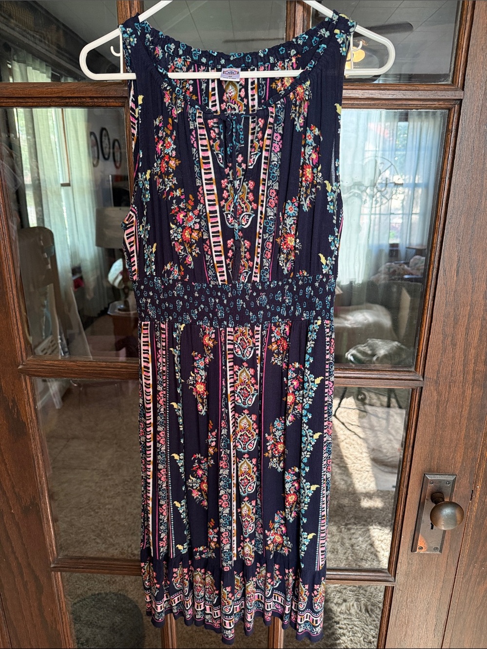 Bila Navy Floral Paisley Smocked Waist Boho Midi Dress Womens Medium Sleeveless